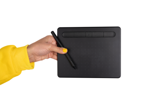 Close-up of a hand holding a stylus and digital drawing tablet on transparent background, ideal for design, technology, and creative concepts. - Powered by Adobe