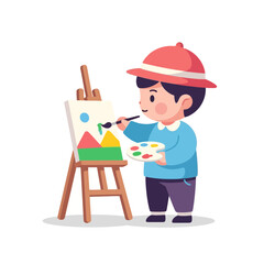 A young child artist painting a colorful landscape scene on a canvas.