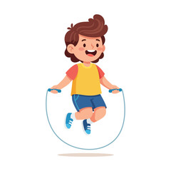 A happy cartoon boy is jumping rope. He is smiling and enjoying the activity.