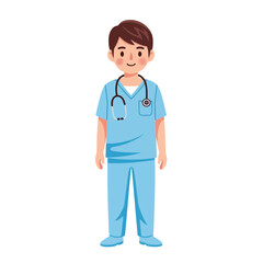 Cartoon illustration of a male nurse in blue scrubs with a stethoscope around his neck, standing.