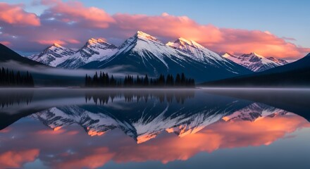 Snow capped mountains reflected in calm lake at sunrise with pink clouds reflection