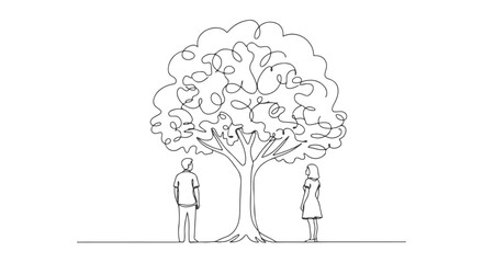 A minimalist single continuous line drawing of a man and woman standing apart under a large tree, representing relationships and connection. d