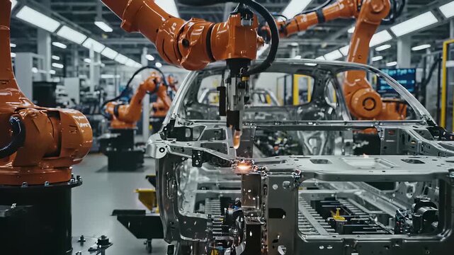 Robotic arms in action, working tirelessly to assemble vehicles in a high tech factory setting, perfectly capturing the concept of technological innovation and efficiency in modern manufacturing.