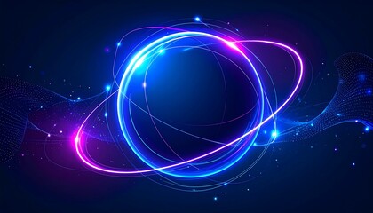 Obraz premium A vibrant digital artwork featuring a luminous, glowing orb encircled by orbiting rings against a deep blue, cosmic background