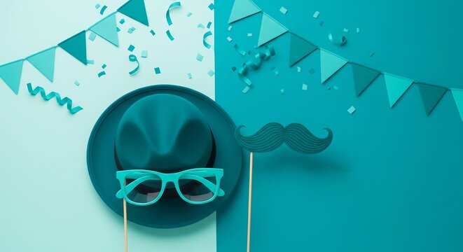Celebrate Dad with this festive teal Father's Day decoration setup, complete with party flags, a stylish hat, glasses, and a fun mustache prop