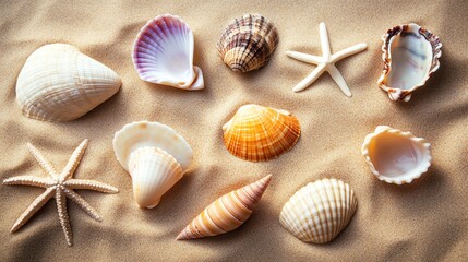 Collection of various seashells on sand.