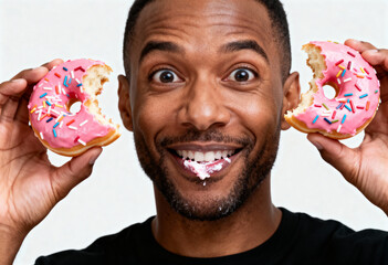 Man holding two pink frosted donuts with sprinkles and cream on his mouth