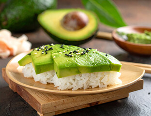 A close-up view of freshly made vegetarian avocado nigiri sushi topped with sesame seeds, served on a wooden platter with wasabi and ginger in the background