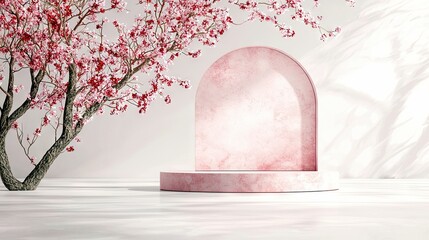 A minimalist scene featuring a pink marble podium with an arched backdrop, set against a blooming cherry blossom tree.