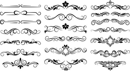 A collection elegant black decorative dividers and flourishes, varying in design