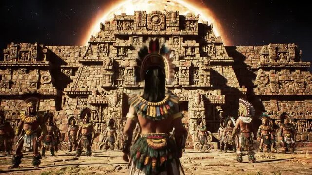 Indigenous warriors in ceremony before ancient temple under a celestial sky, for history, fantasy, or art