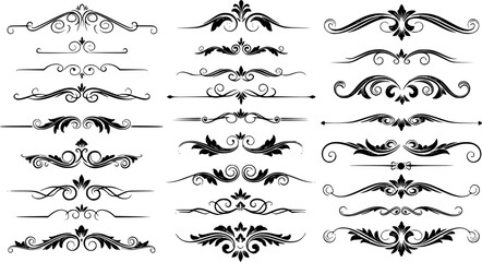A collection elegant black decorative dividers and flourishes, varying in design