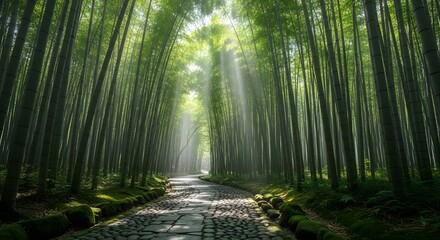 Sunbeams filter through a dense green bamboo forest onto a stone path sunlight