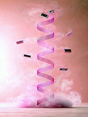 A pink ribbon twists and turns upwards, accompanied by floating rectangular objects and soft pink smoke, creating a whimsical and abstract scene.