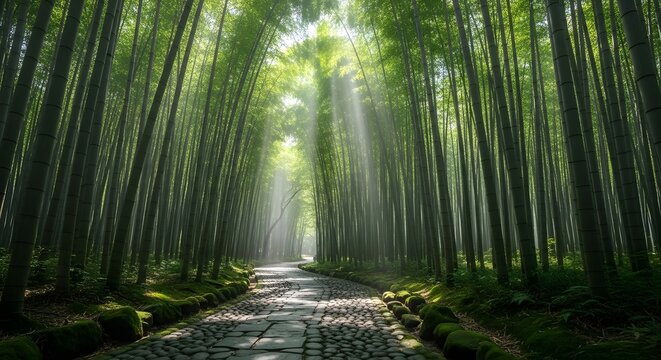 Sunbeams filter through a dense green bamboo forest onto a stone path sunlight - Powered by Adobe