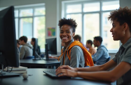 Diverse young students use computers in university lab, learning and collaborating on academic projects. Woman smiles at camera, others focus on screens in bright classroom.