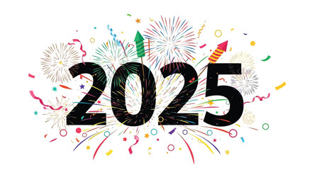 Happy new year 2025 celebration with colorful fireworks and confetti exploding around the large black numbers