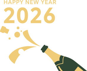 Happy new year 2026 celebration with champagne bottle popping and golden bubbles against a dark background