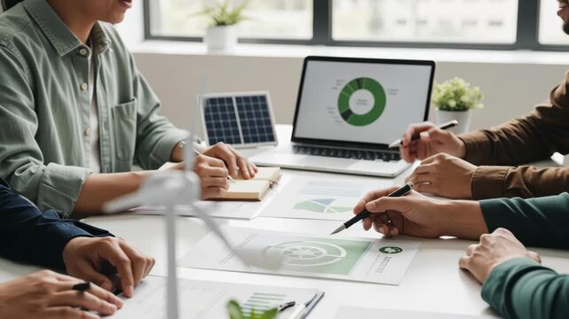 Green energy team meeting renewable energy chart and solar analysis laptop report document planning carbon neutral economy strategy sustainability impact and project design - Powered by Adobe