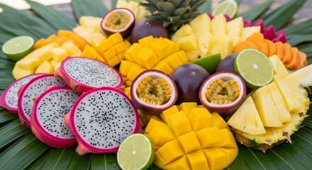 Tropical fruit platter with dragon fruit mango pineapple passion fruit image