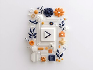 A white play button icon is centrally positioned, framed by a variety of colorful and textured decorative elements, creating a playful and artistic composition.
