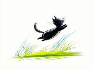 A whimsical black cat is captured mid-leap, its body arched and paws outstretched, as it jumps over a patch of vibrant green and blue grass.