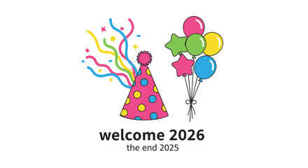 Festive celebration with colorful party hat confetti balloons and stars welcoming the new year 2026 marking the end of 2025