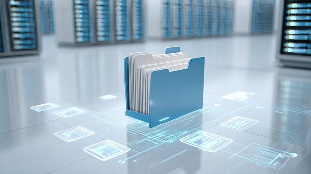 Secure data management with digital file cabinet visualization for streamlined organization in modern server room environment represents efficient storage - Powered by Adobe