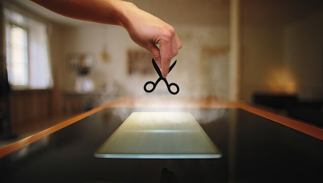 Conceptual Scissors Icon Hovering Above Tablet A Creative Vision of Cutting Edge Technology and Precision with a Modern Design on Reflective Surface