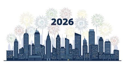 Happy new year 2026 celebration with colorful fireworks exploding over a modern city skyline at night