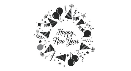 Happy new year celebration wreath with party hats balloons confetti and streamers in black and white