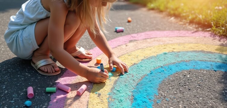 Little girl draws rainbow chalk on asphalt sidewalk during sunny summer day. Child creates colourful artwork outdoors. Focus on playful creativity, joyful childhood moments. Young artist enjoys