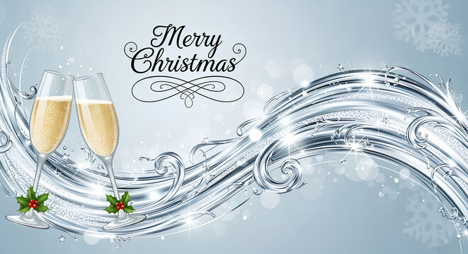 Elegant Christmas banner with two clinking champagne glasses, sparkling wine bubbles, silver wave elements, snowflakes, and golden Merry Christmas text on a soft blue festive background.