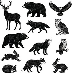 Wild Forest Animals Clipart Set,Vintage Woodland Animals Illustration,Hand-Drawn Wildlife Animal Silhouettes.