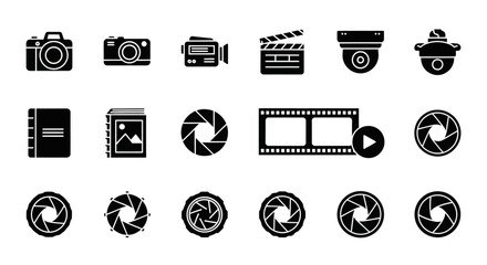 Collection of vector icons representing photography and videography equipment and concepts