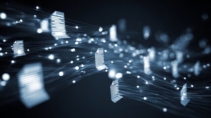 Secure data transfer with glowing documents and nodes in a digital network perfect for cybersecurity and technology concepts, futuristic and modern