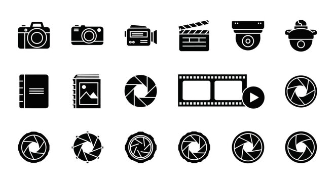 Collection of vector icons representing photography and videography equipment and concepts