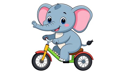 Obraz premium A happy cartoon elephant riding a small tricycle, with large ears and a curled trunk on a white background