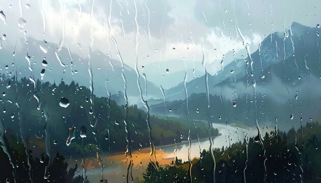 Scenic view of a river winding through lush green forested hills and majestic mountains on a rainy day, seen through a wet window