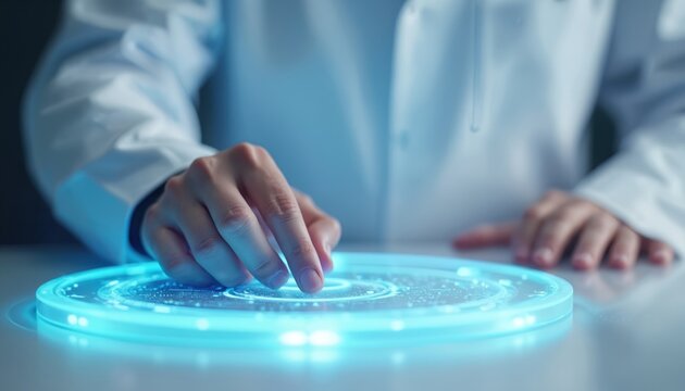 Scientist in white coat uses futuristic glowing blue touch interface for data analysis. Researcher explores digital screen in lab. Future tech innovation, science discovery, medical research.