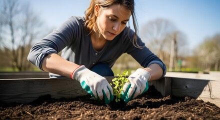 Woman planting small green seedling in raised garden bed gardening hands