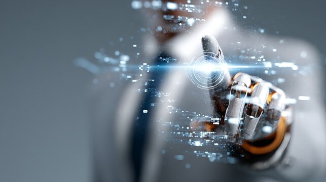 Futuristic robot hand touching glowing interface is empowering, innovative, and perfect for illustrating cutting-edge technology and digital solutions