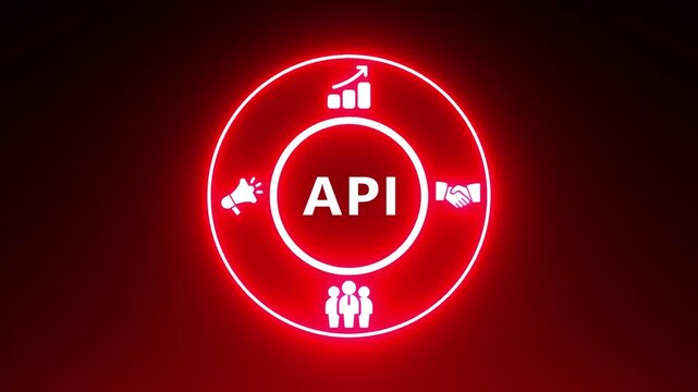 Glowing Red Circle with API Symbol and Business Icons on Dark Background application programming interface