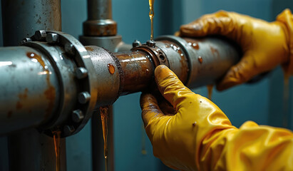Hands in yellow gloves repair leaking pipe in factory. Rusty industrial equipment needs fixing. Oil drips from machinery during repair. Worker maintains metal pipes in workshop.