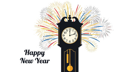 Grandfather clock striking midnight with colorful fireworks celebrating the happy new year holiday occasion