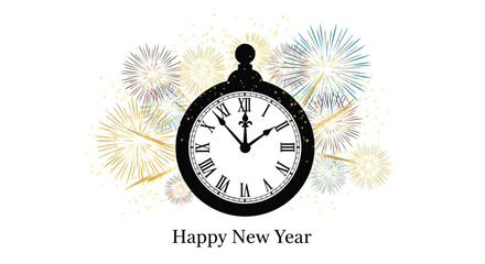 Classic pocket watch silhouette displays roman numerals against a backdrop of colorful fireworks and golden glitter celebrating happy new year