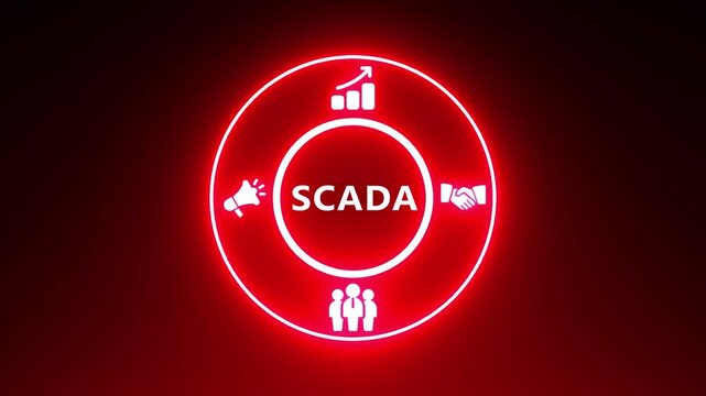SCADA system concept with icons for growth marketing teamwork and communication in a neon circle
