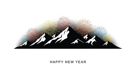 Black silhouette of jagged mountain peaks illuminated by a vibrant display of colorful fireworks celebrating the new year