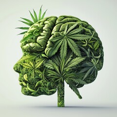 Brain with cannabis, hemp and marijuana leaf