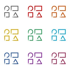 Four different shapes drawn with a paintbrush icon isolated on white background. Set icons colorful